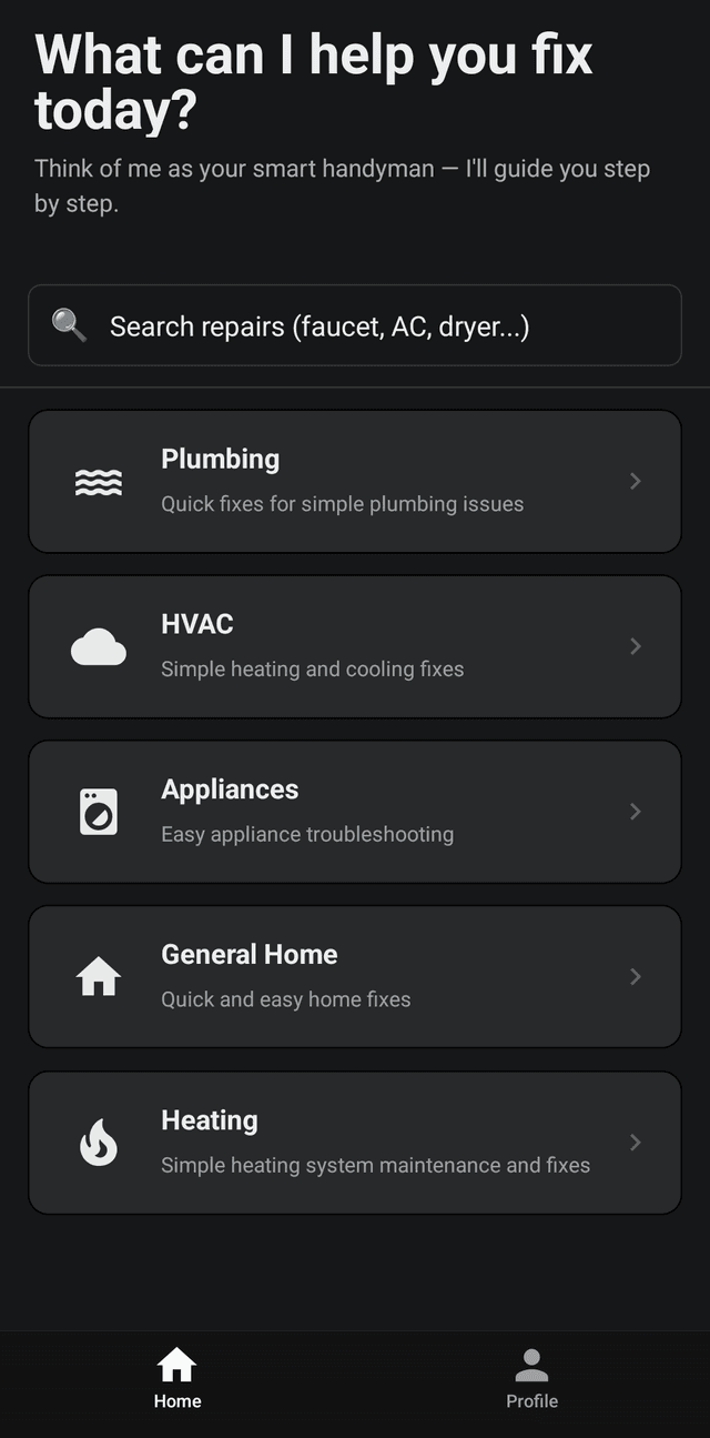 Fixwise app home screen showing repair categories - Plumbing, HVAC, Appliances, General Home, and Heating